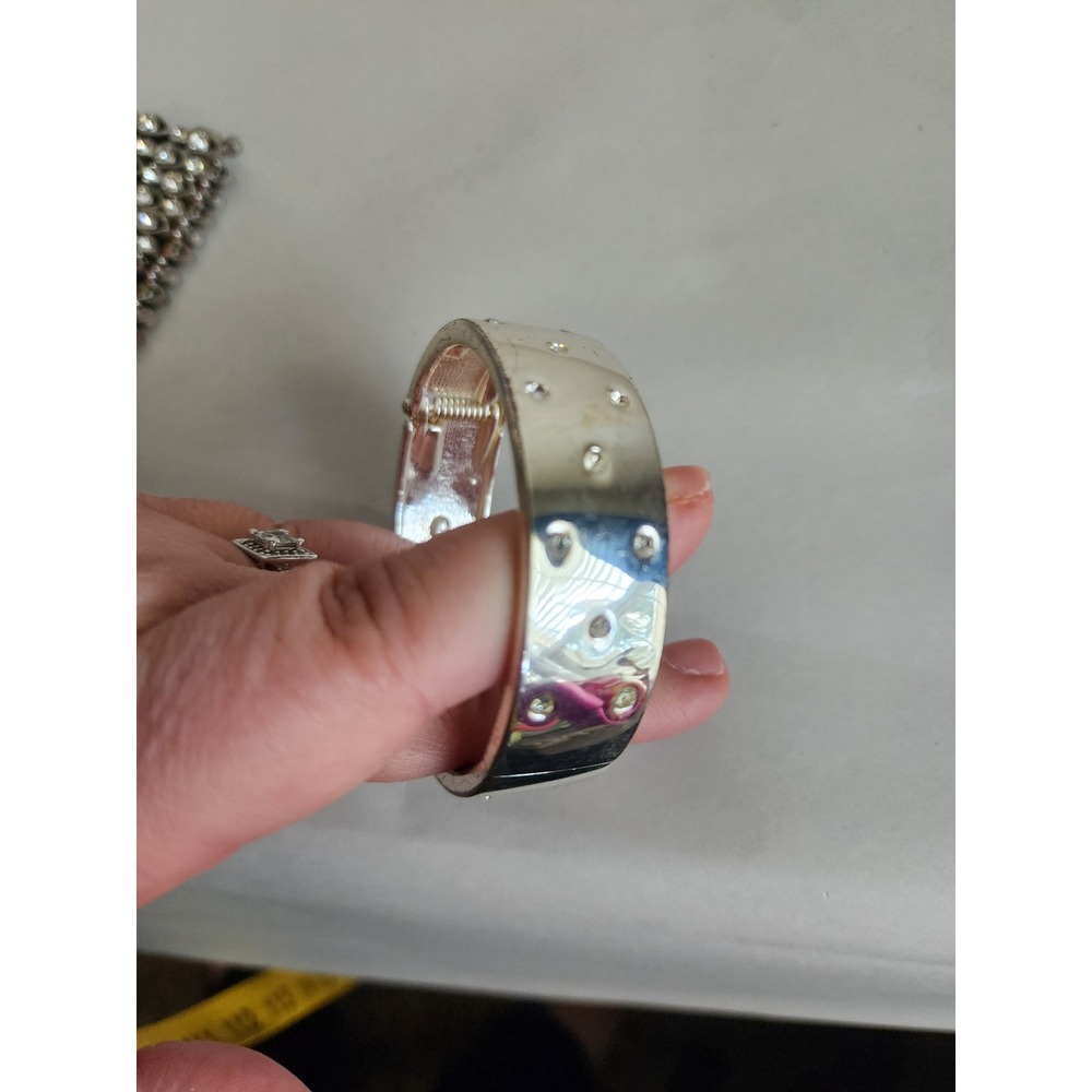 Silver Tone Rhinestone Hinged Bangle Bracelet Wide Polished Statement Cuff